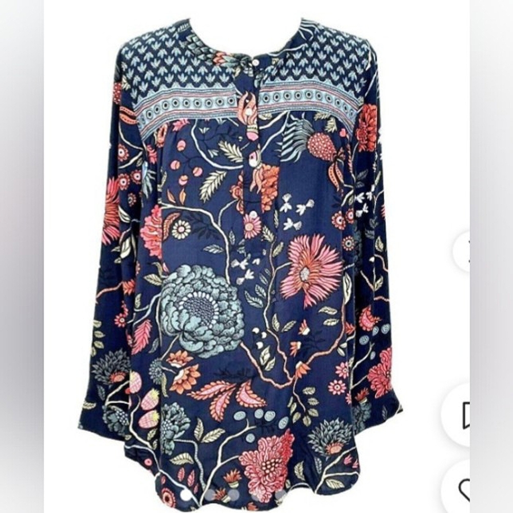 LOFT Blue and Pink Buttoned Blouse with Mandarin Collar